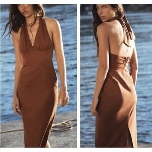 Zara Halter Neck Linen Blend Midi Dress Brown Back Lace-Up Back Slit Size L